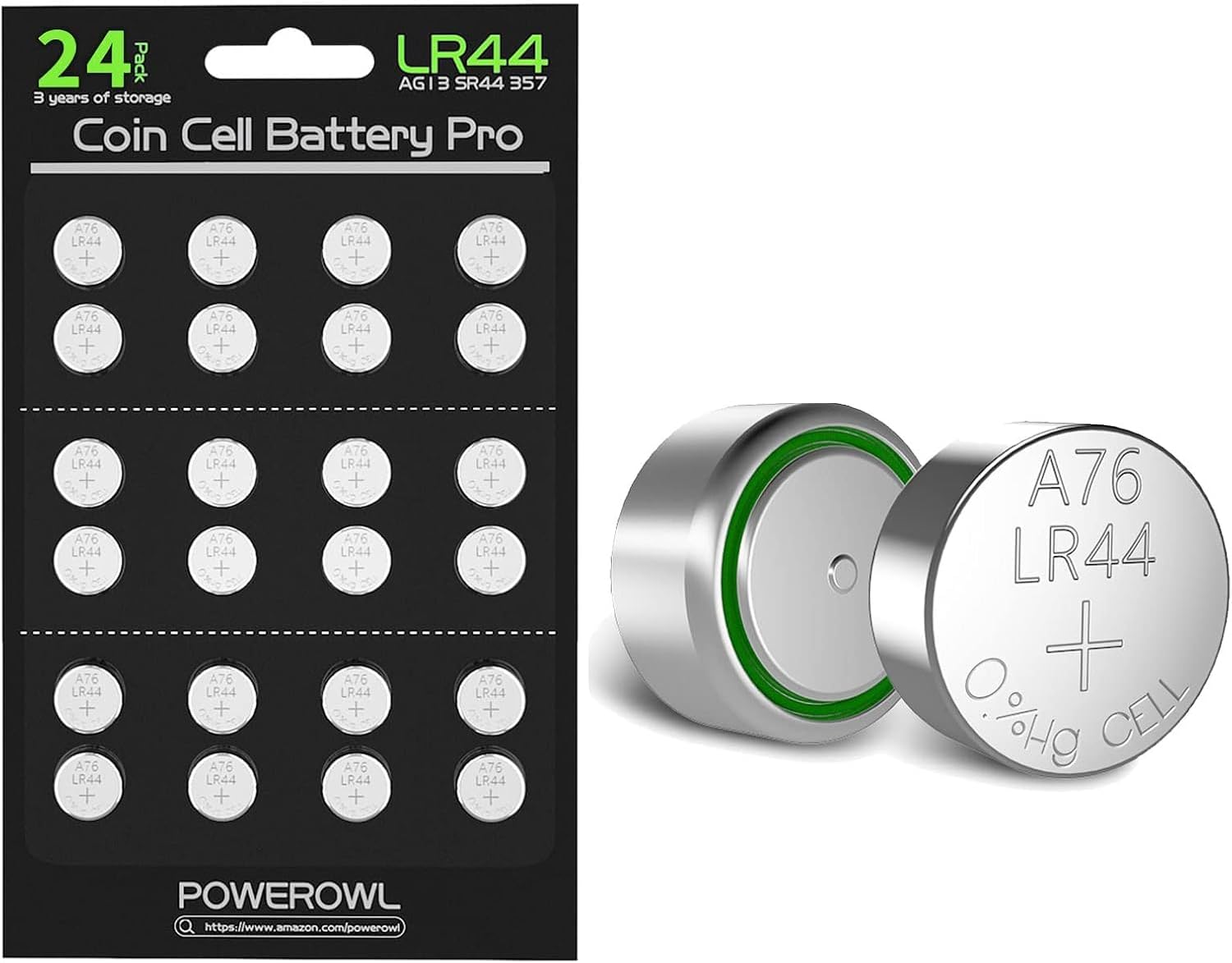 POWEROWL LR44 Batteries 24 Count, High Capacity AG13 357 303 SR44 L1154F A76 Pre...