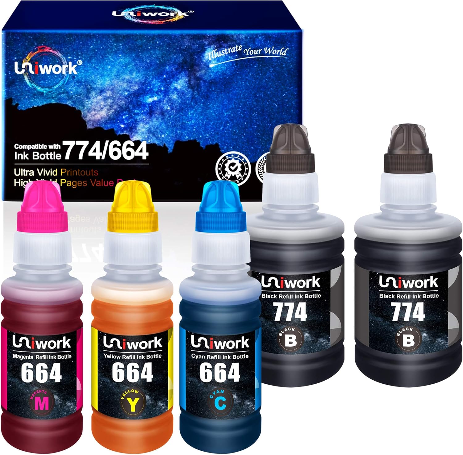 Uniwork Compatible Refill Ink Bottle Replacement for Epson 774 664 T774 T664 for...