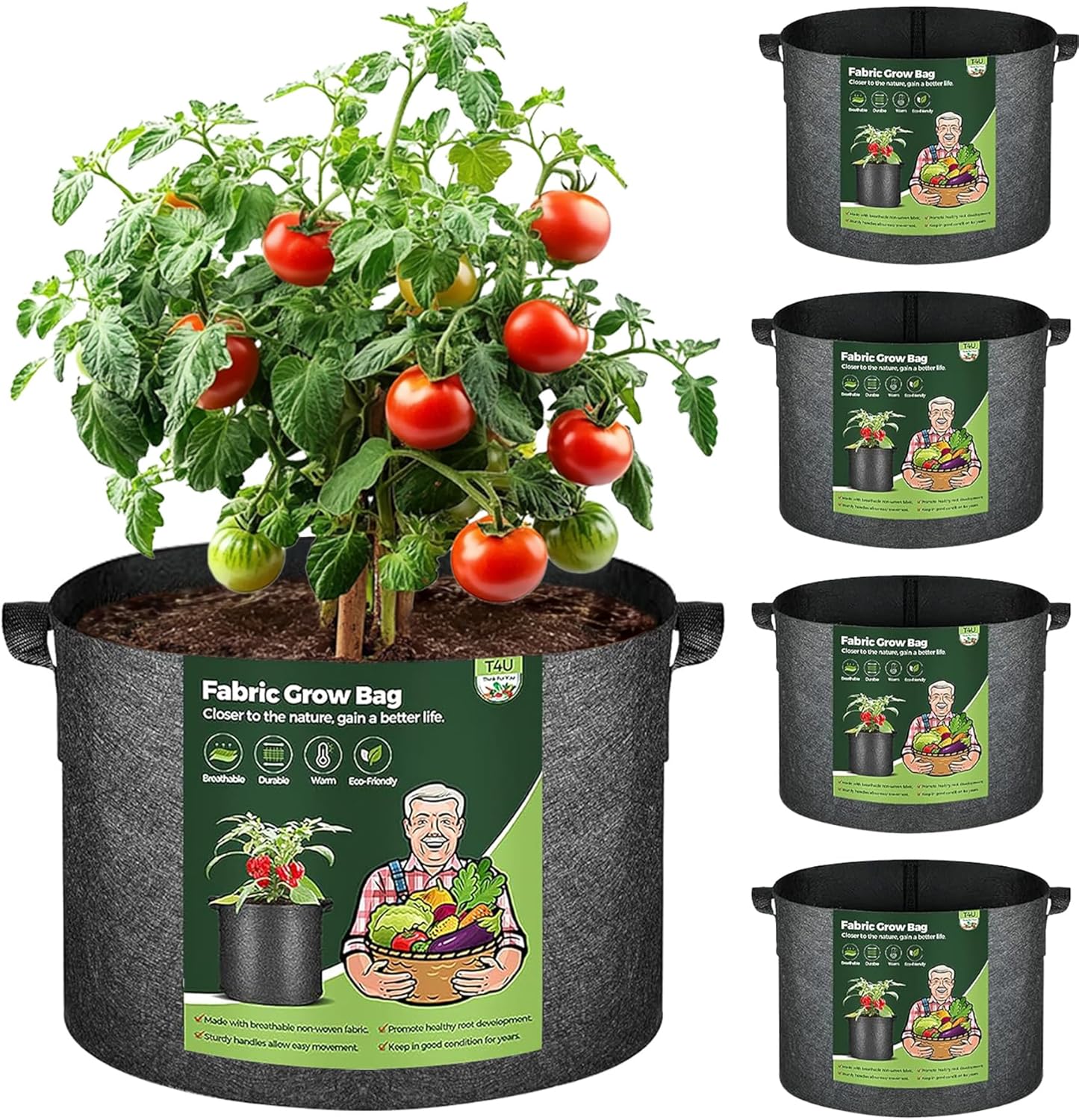 T4U 10 Gallon Plant Grow Bags with Handle Pack of 5, Fabric Pots Growing Bag, La...
