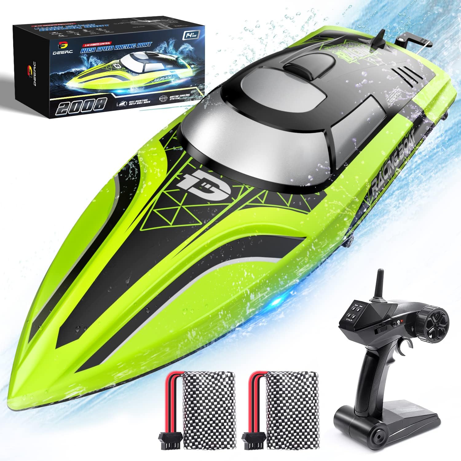 DEERC RC Boat with LED Light, 30+ Mins, Self Righting Remote Control Boat for Po...