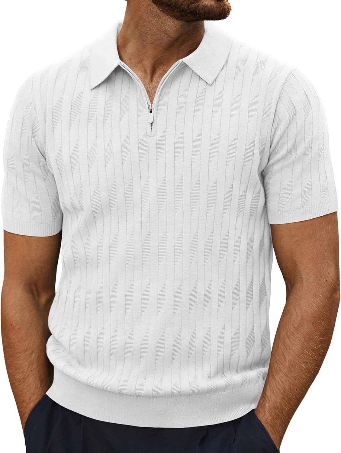 PJ PAUL JONES Men's Quarter Zip Polo Shirts Short Sleeve Textured Knit Polo T Sh...