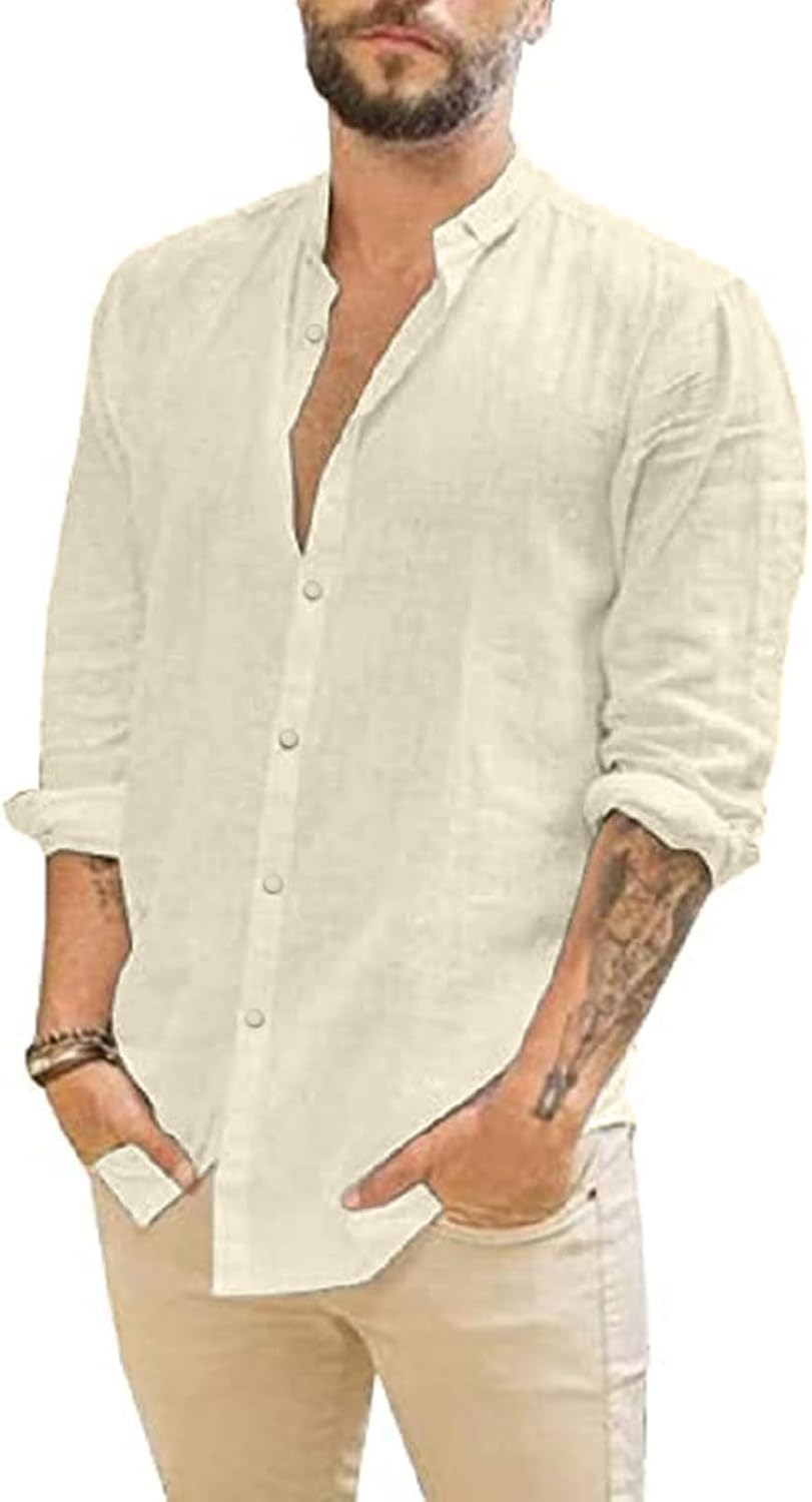 Friptspyg Linen Shirts Mens Long Sleeve Button Down Beach Causal Shirts for Men...