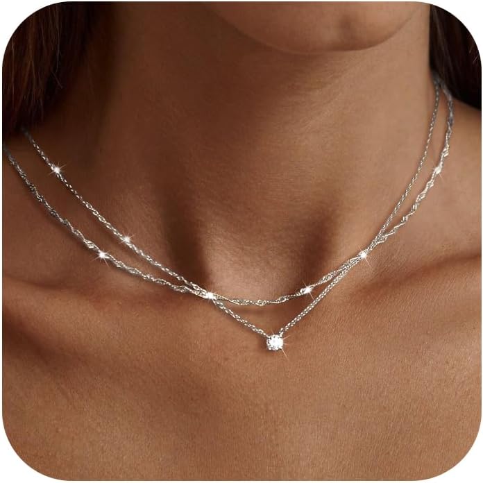 Tewiky Diamond Necklaces for Women, Dainty S925 Sterling Silver/ 14K Gold Choker...