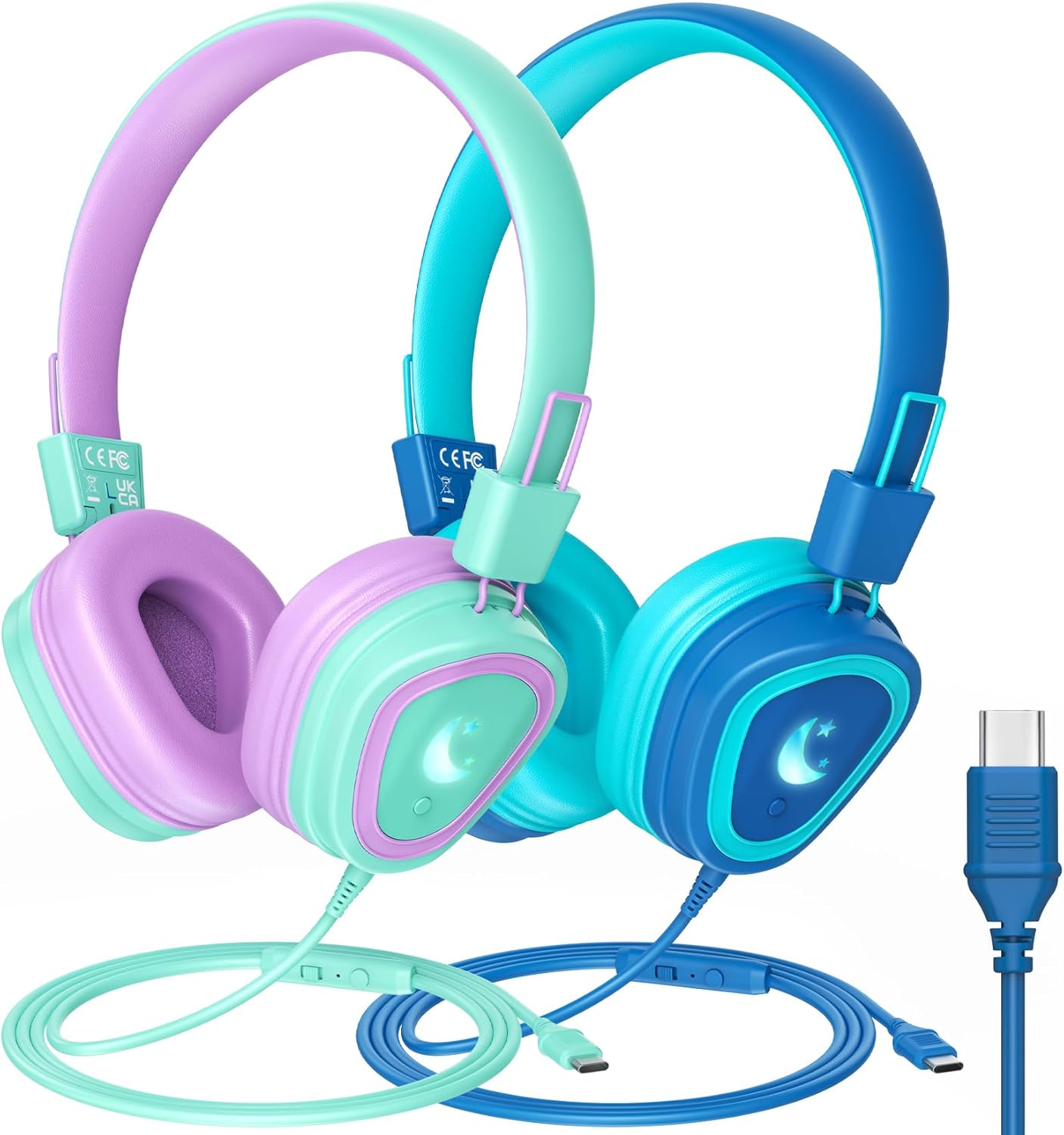 2 Packs Kids USB C Headphones for School, 2024 Upgrade Kids Headphone with LED L...