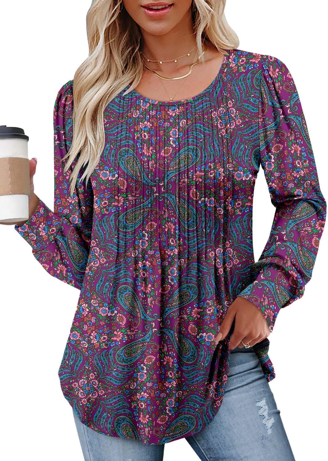 CHICZONE Women's Tops Shirts Round Neck Button up Ladies Tunic Pleated Blouse Lo...