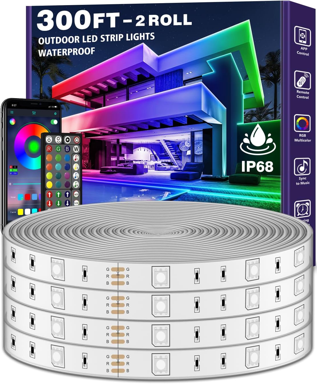 300ft Waterproof LED Strip Lights with Bluetooth App, RGB Exterior Rope Lights f...