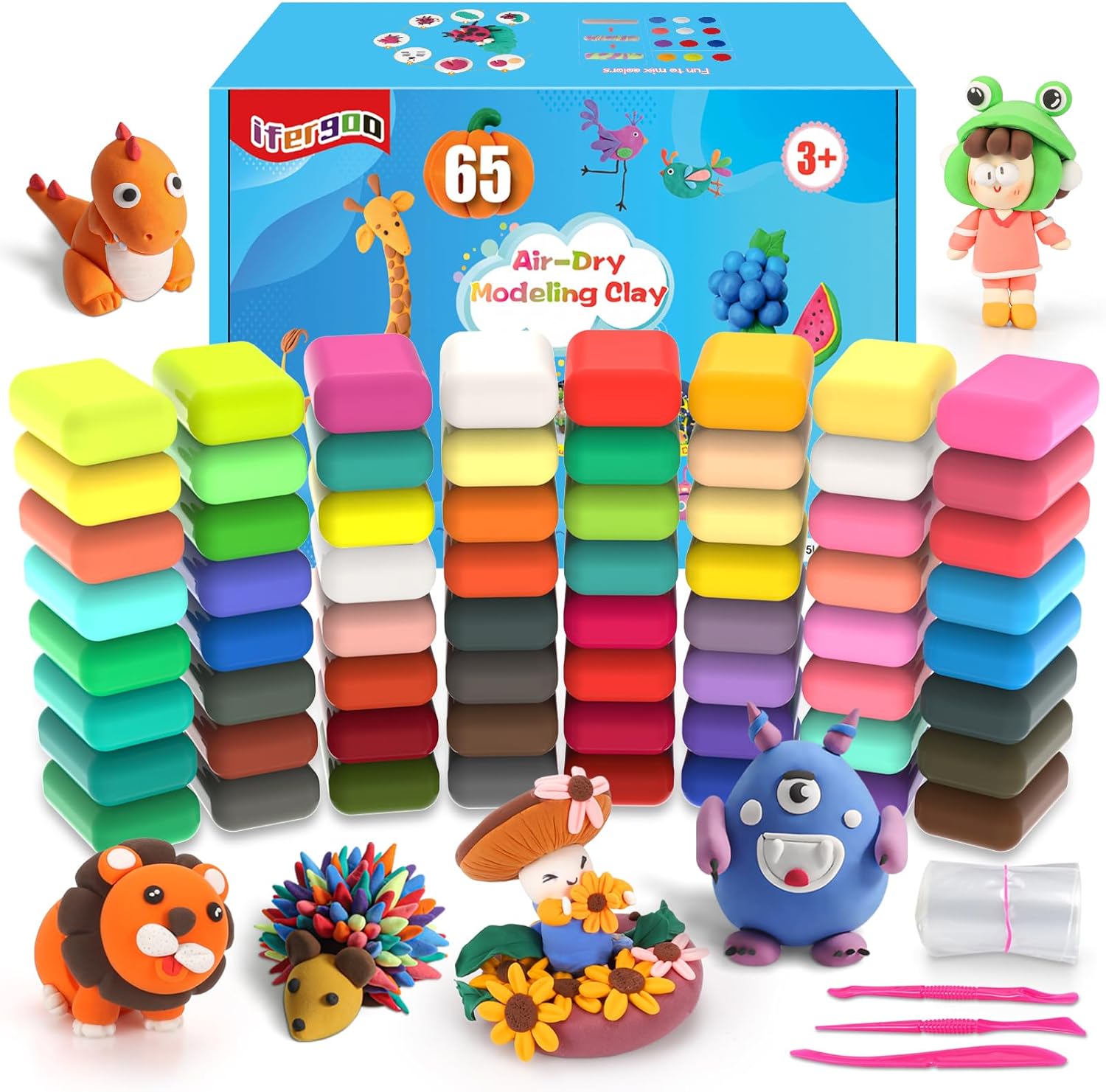 iFergoo Air Dry Clay, 65 Colours Modelling Clay for Kids, Safe and No-Toxic Mode...