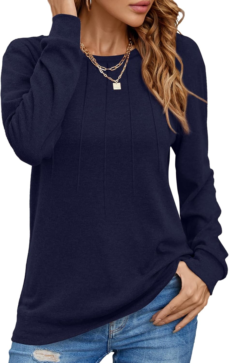 Women Long Sleeve Shirts Casual Tops Dressy Blouses Fashion Pleated Tunic Navy B...