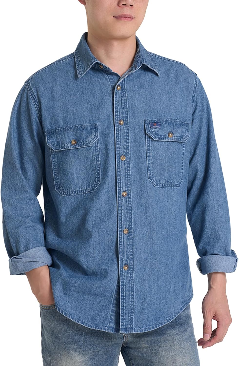 HISEA Mens Denim Shirt Long Sleeve Jean Work Shirts Regular Fit Button Down Shir...