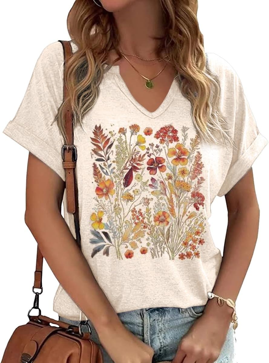 Earlymemb Womens Vintage Flowers V Neck Shirt Boho Floral Wildflowers Graphic Te...