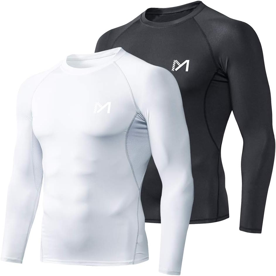 Men's Compression Long Sleeve Athletic Workout Shirt Medium Black+white