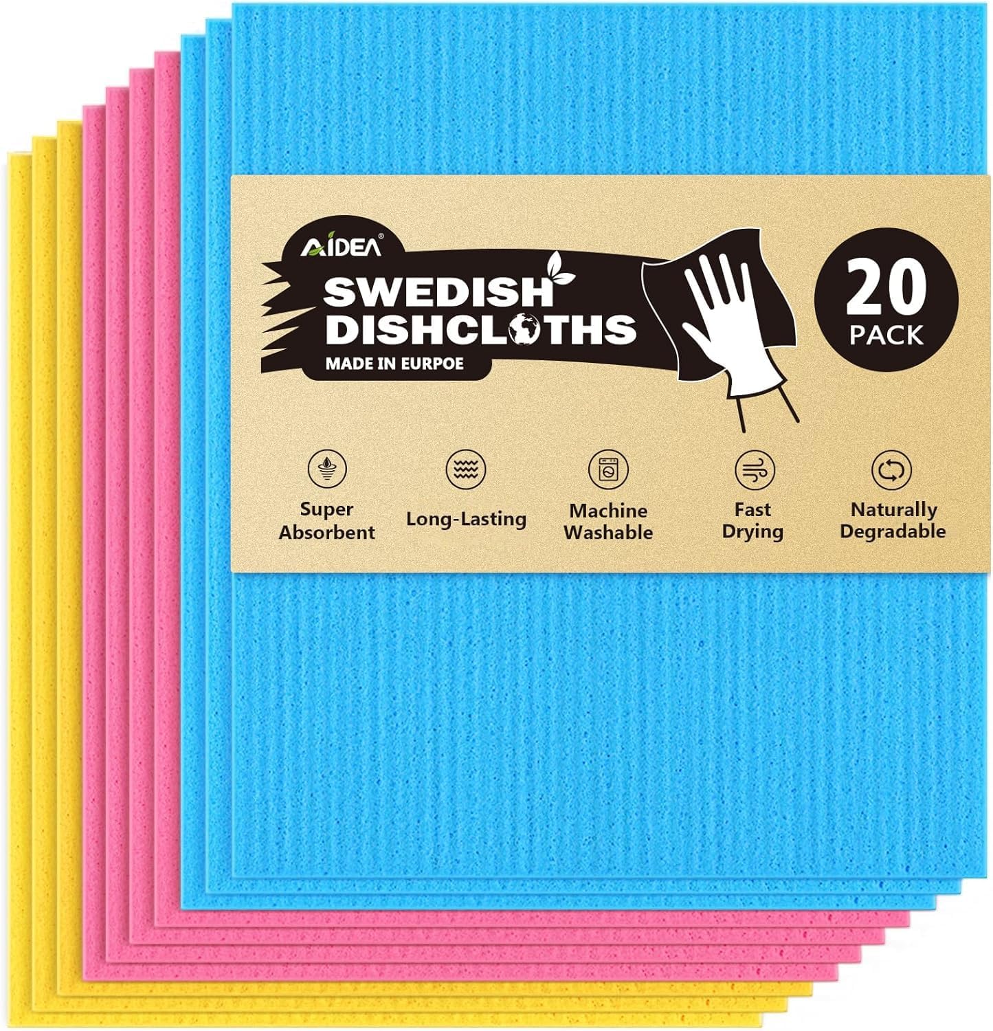 AIDEA Swedish Dishcloths for Kitchen, 20PK, Reusable Paper Towels, Kitchen Washc...