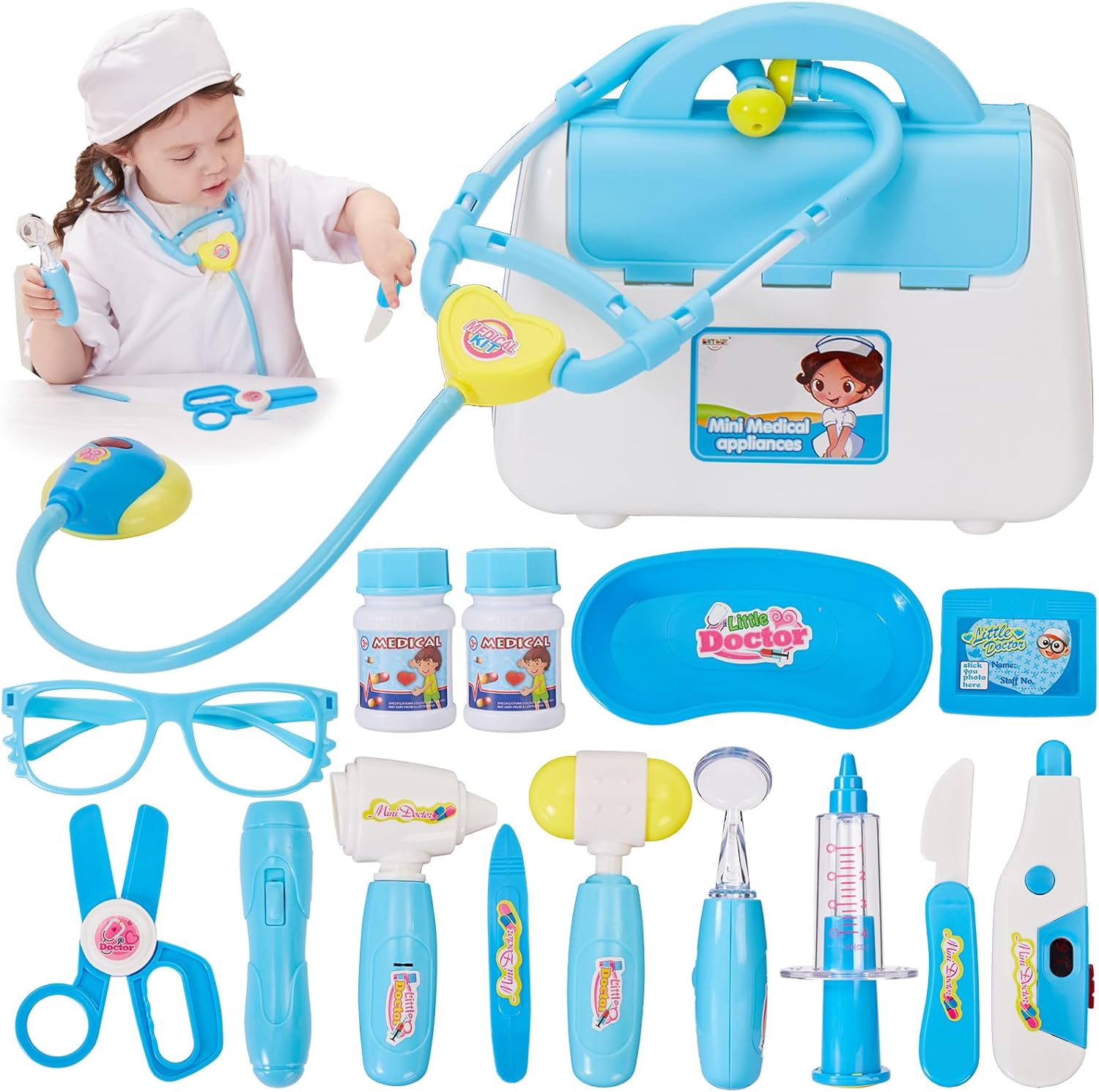 BUYGER 16 Pcs Kids Childs Toy Doctor Sets, Role Play Toys for 3 Year Old Boys, w...
