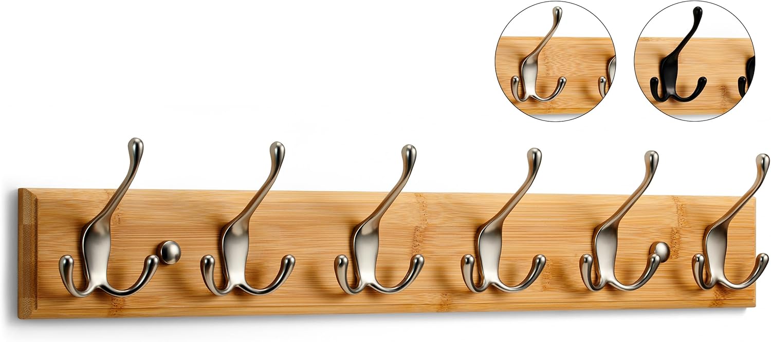 LARHN Wall-Mounted Coat Rack - 6 Matt-Nickel Triple Coat Hooks for Wall on Styli...