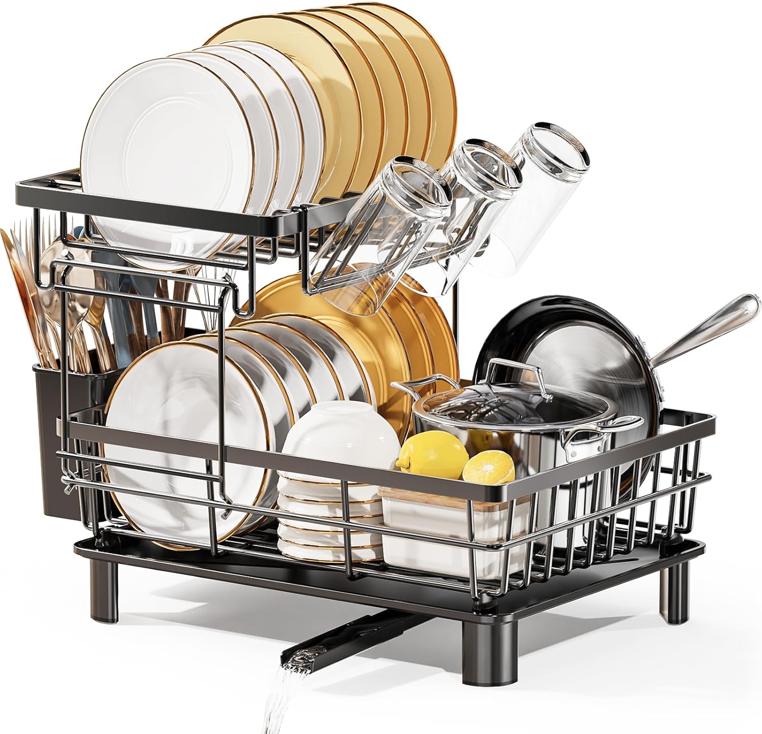 LIONONLY 2 Tier Dish Drainer Rack with Drip Tray, Detachable Dish drying Rack wi...