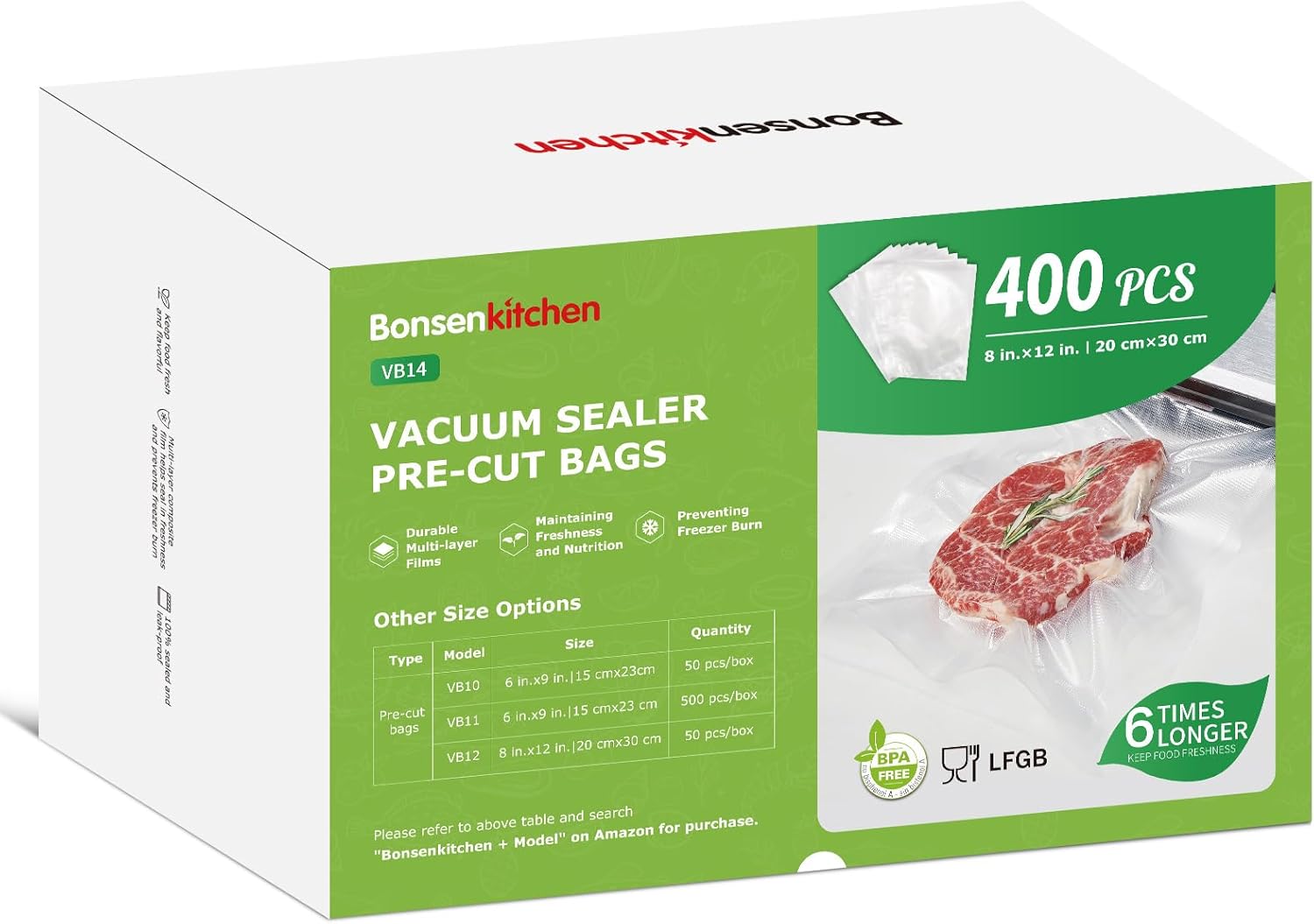 Bonsenkitchen Vacuum Sealer Bags,400 Quart 8" x 12" Precut Food Sealer Bags, Com...
