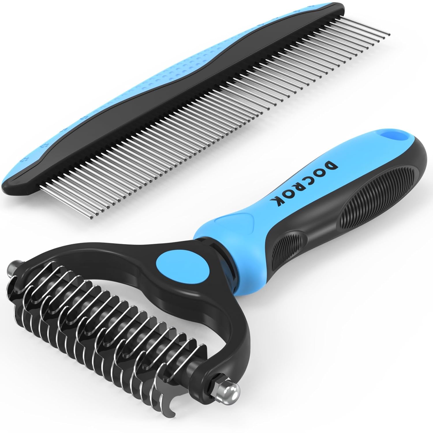 Pet Grooming Combo - Blue Deshedding Brush with Metal Comb for Detangling and De...