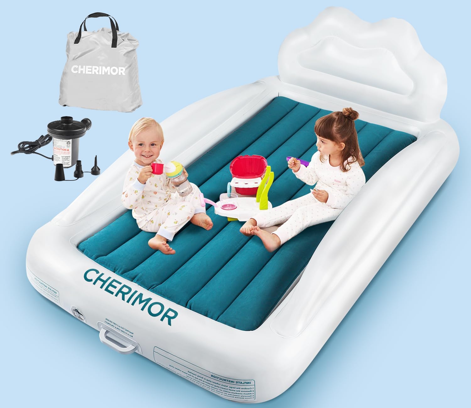 Toddler Air Mattress with Electric Pump, Inflatable Toddler Travel Bed with Safe...