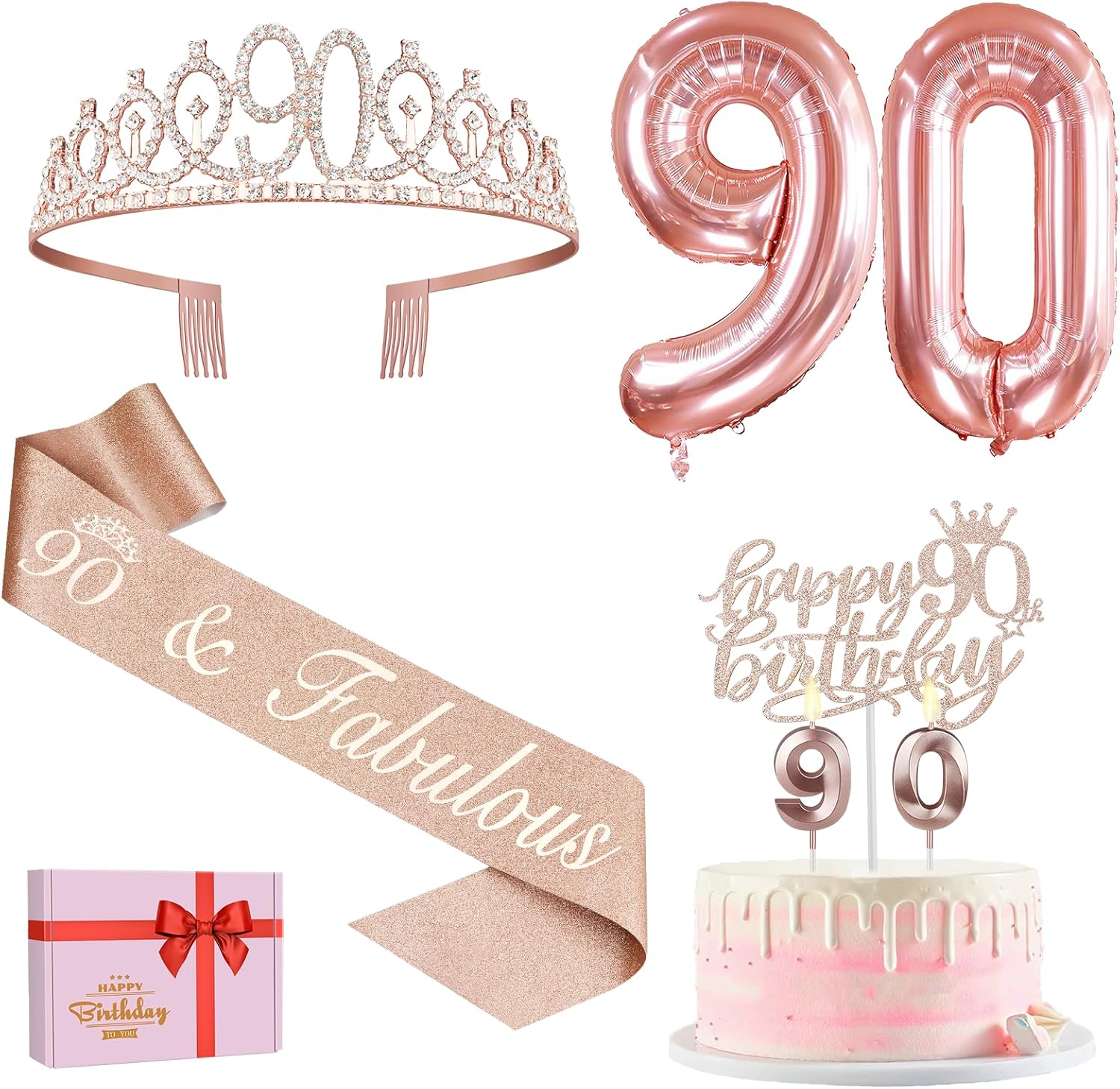 Amosking 90th Birthday Decorations for Women, Including 90th Birthday Sash and C...