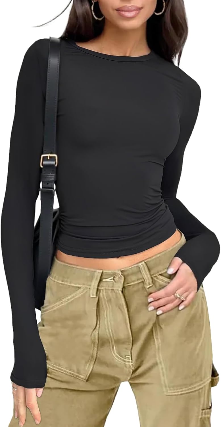 Womens Long Sleeve Shirts Basic Tees Y2k Slim Fit T Shirt Crew Neck Trendy Crop...