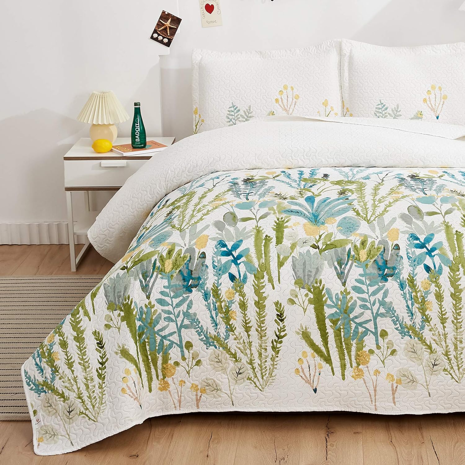 Twin Size Floral Quilt Set for Bed Lightweight Green Yellow Leaves Botanical Bed...