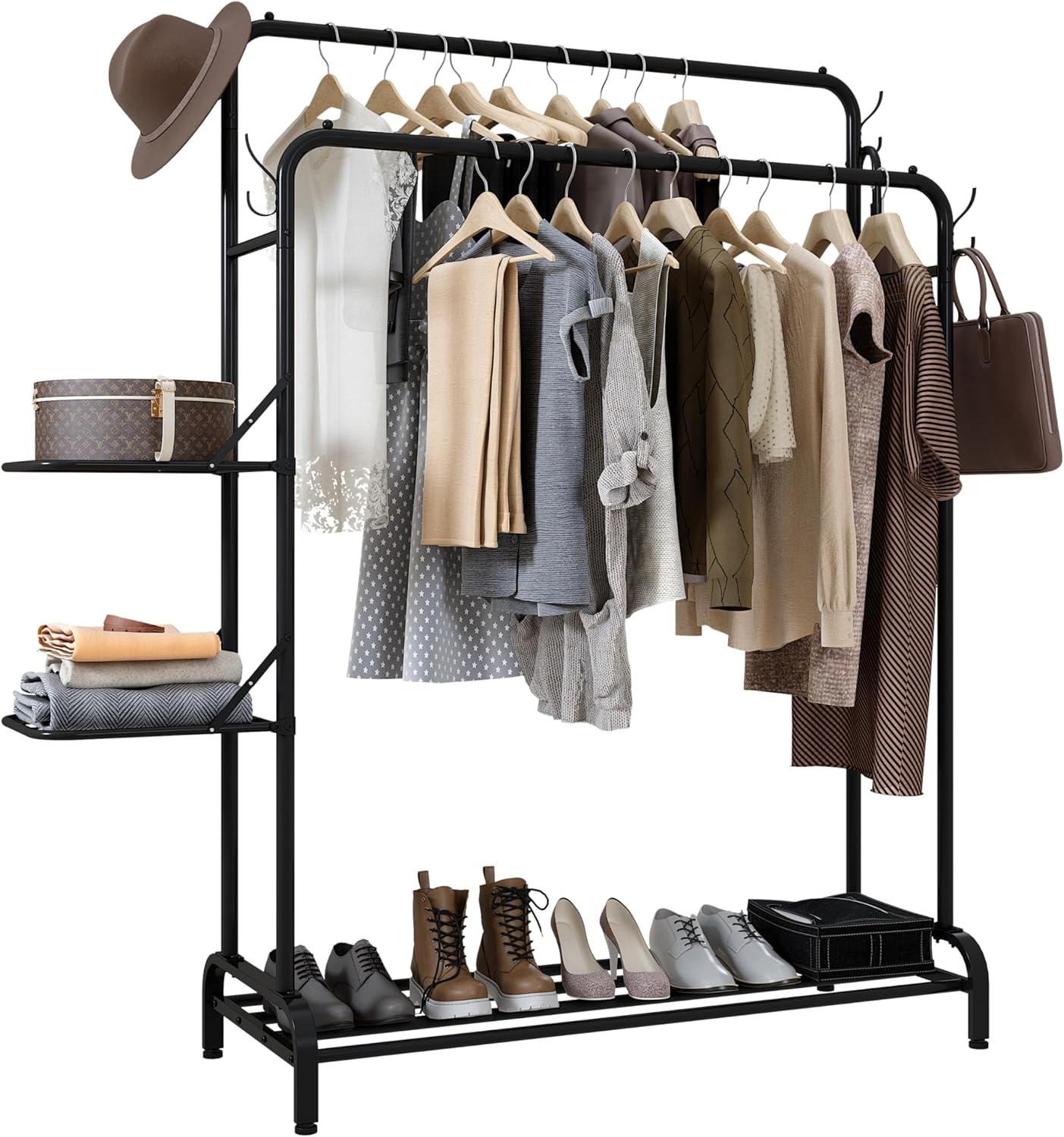 KLASS Double Clothes Rail Heavy Duty With Folding Shelves, 100KG Free Standing G...