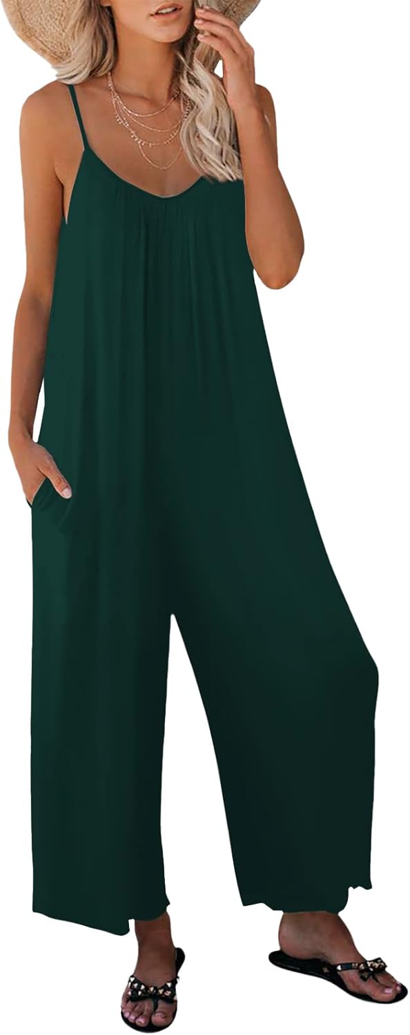 Womens Casual Sleeveless Strap Loose Adjustable Jumpsuits Stretchy Long Pants Ro...