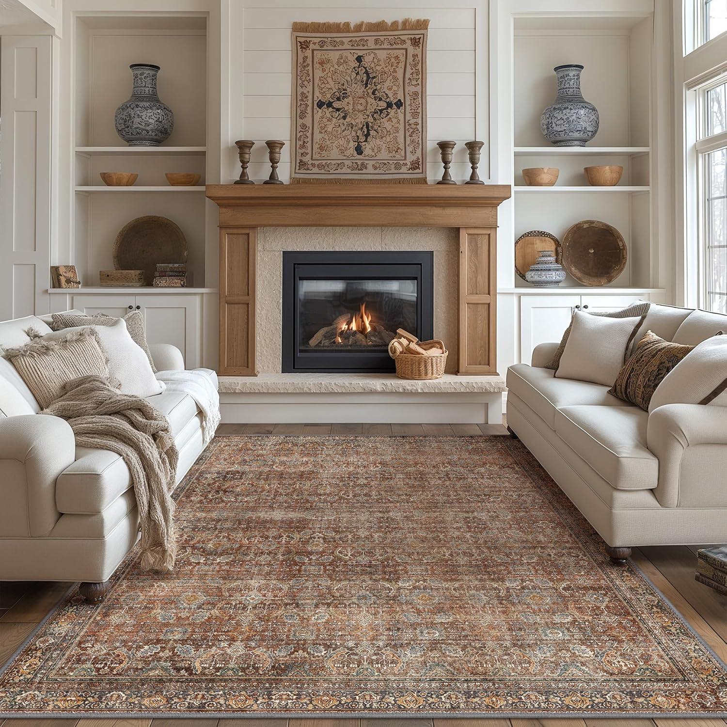Area Rug 8x10 Machine Washable Large Boho Vintage Distressed Print Thin Chenille...