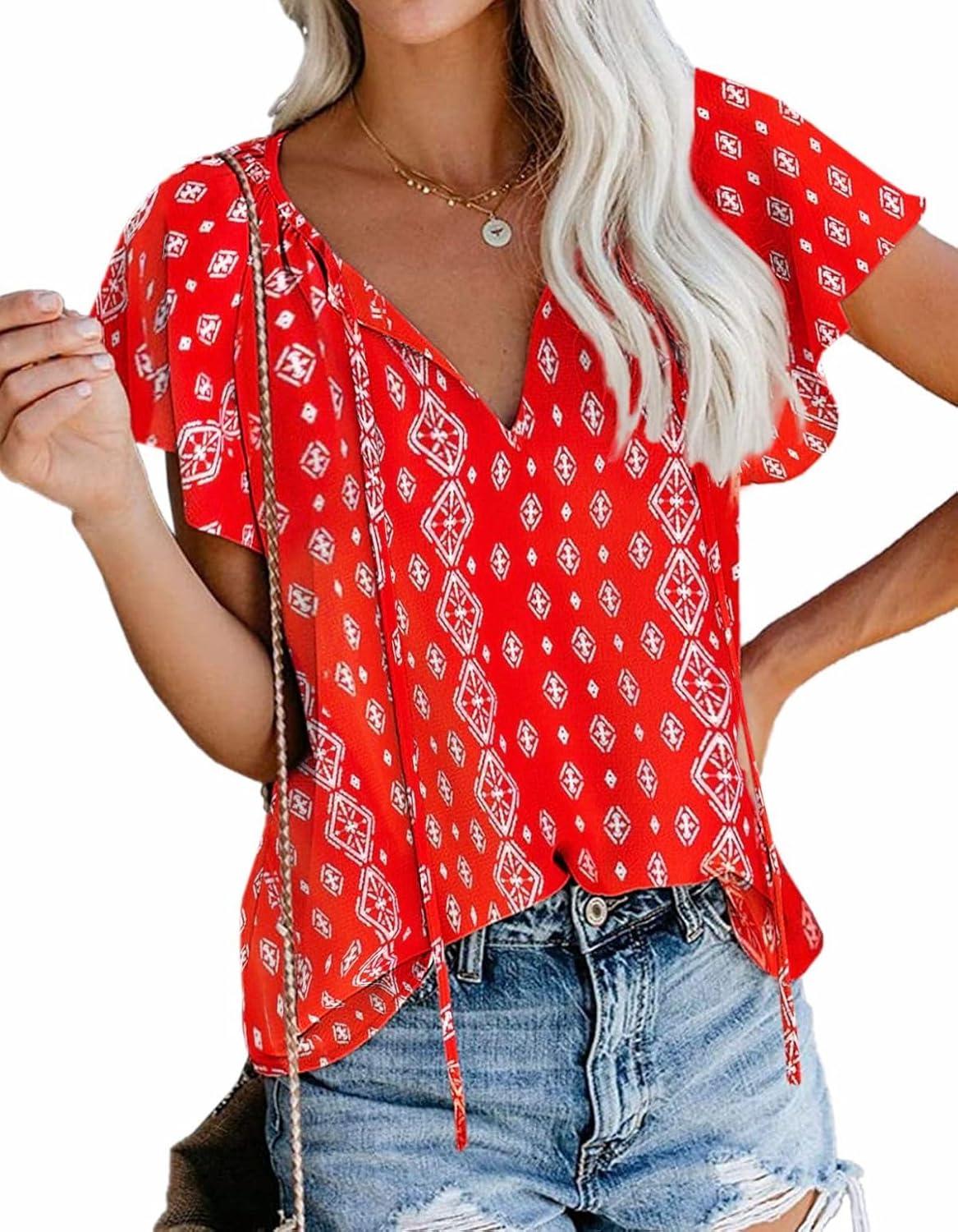 Women's Casual Floral Ruffle Short Sleeve Tops Cute Boho V Neck Loose Blouses Su...