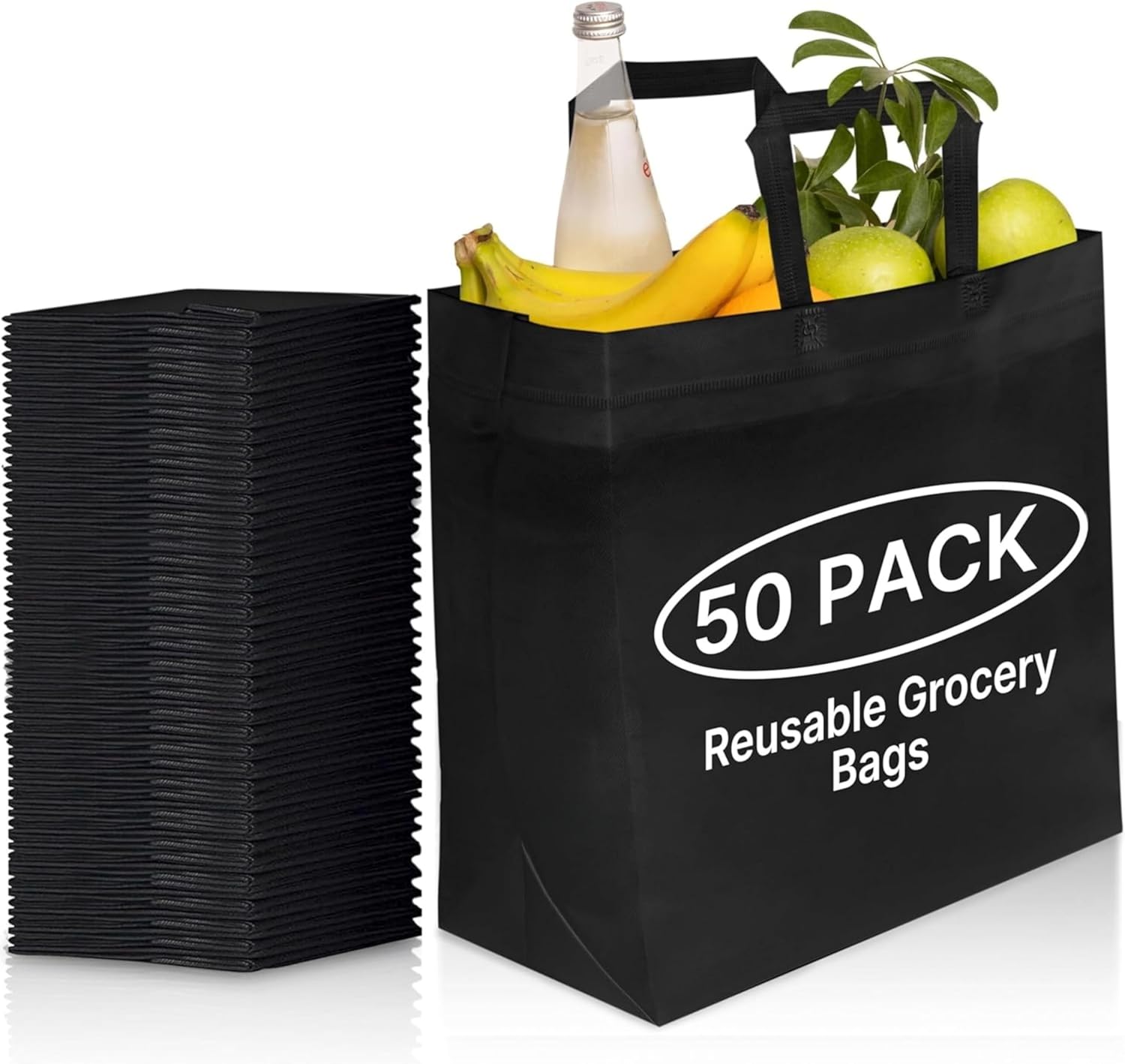 Simply Cool 50 Pack Black Reusable Eco-Friendly Large Grocery Shopping Bags 15”x...