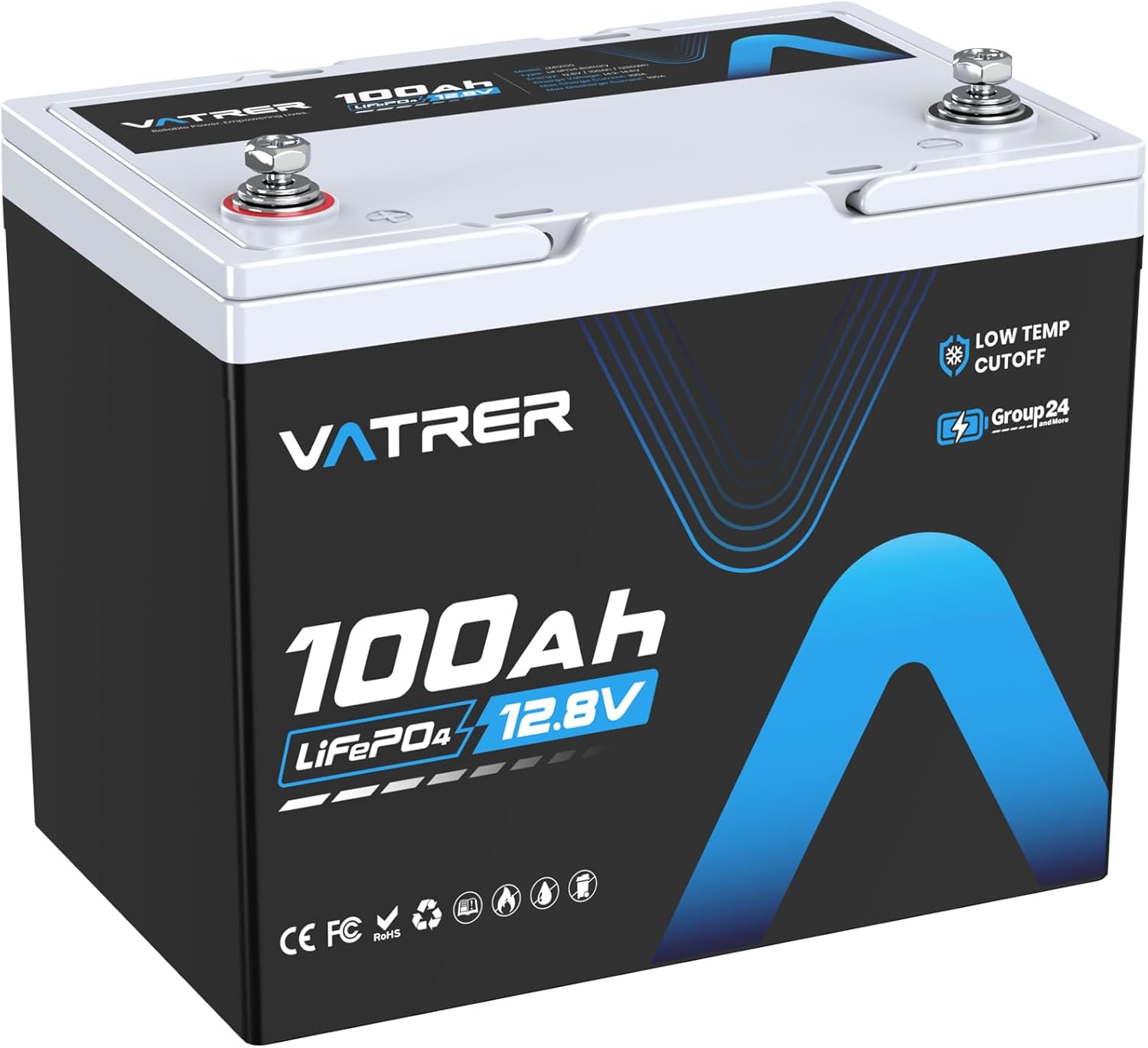 12V 100Ah Group 24 Lithium Deep Cycle Battery, 100A BMS Rechargeable LiFePO4 Bat...