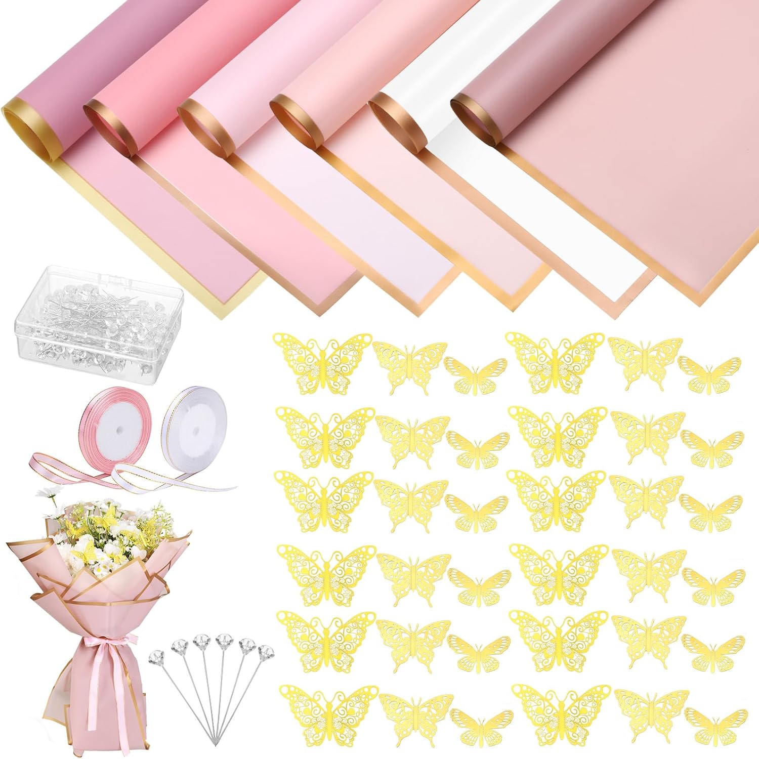 118Pcs Flower Bouquet Wrapping Paper Kits, 30 Sheets 6 Colors Waterproof Floral...
