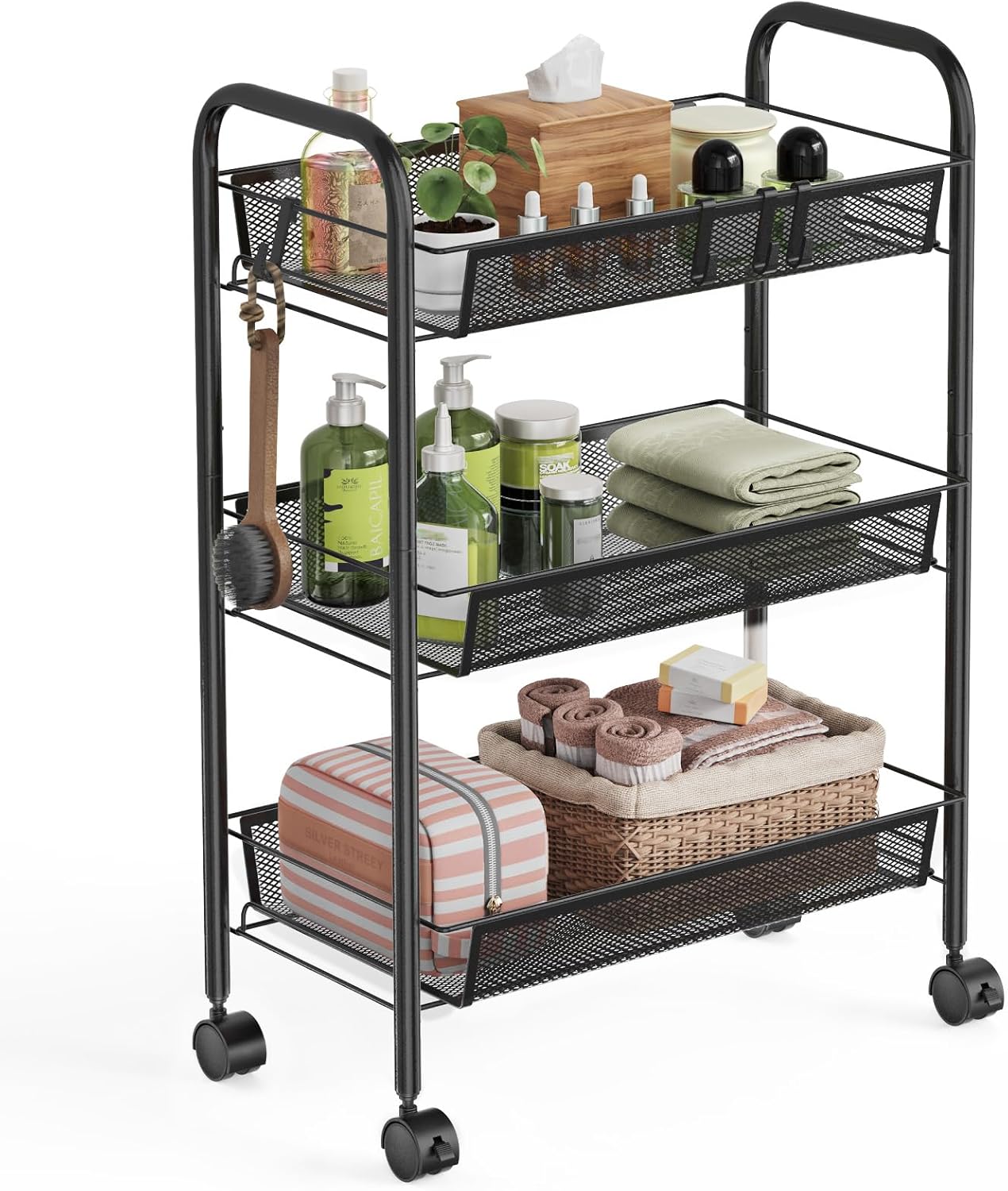 WELDUN 3-Tier Storage Trolley, Rolling Cart, Mesh Storage Cart, Mobile Storage T...