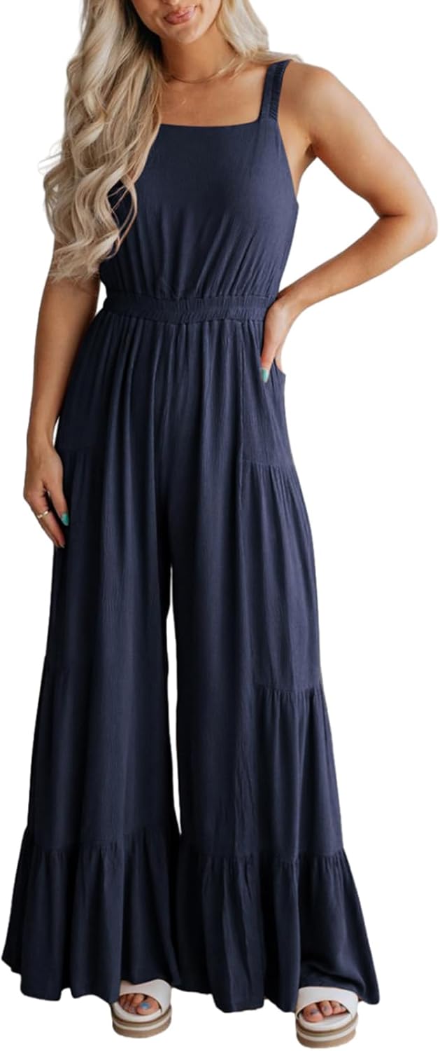 BLENCOT Jumpsuits for Women Summer Casual Loose Sleeveless Overalls Jumpsuit Ruf...
