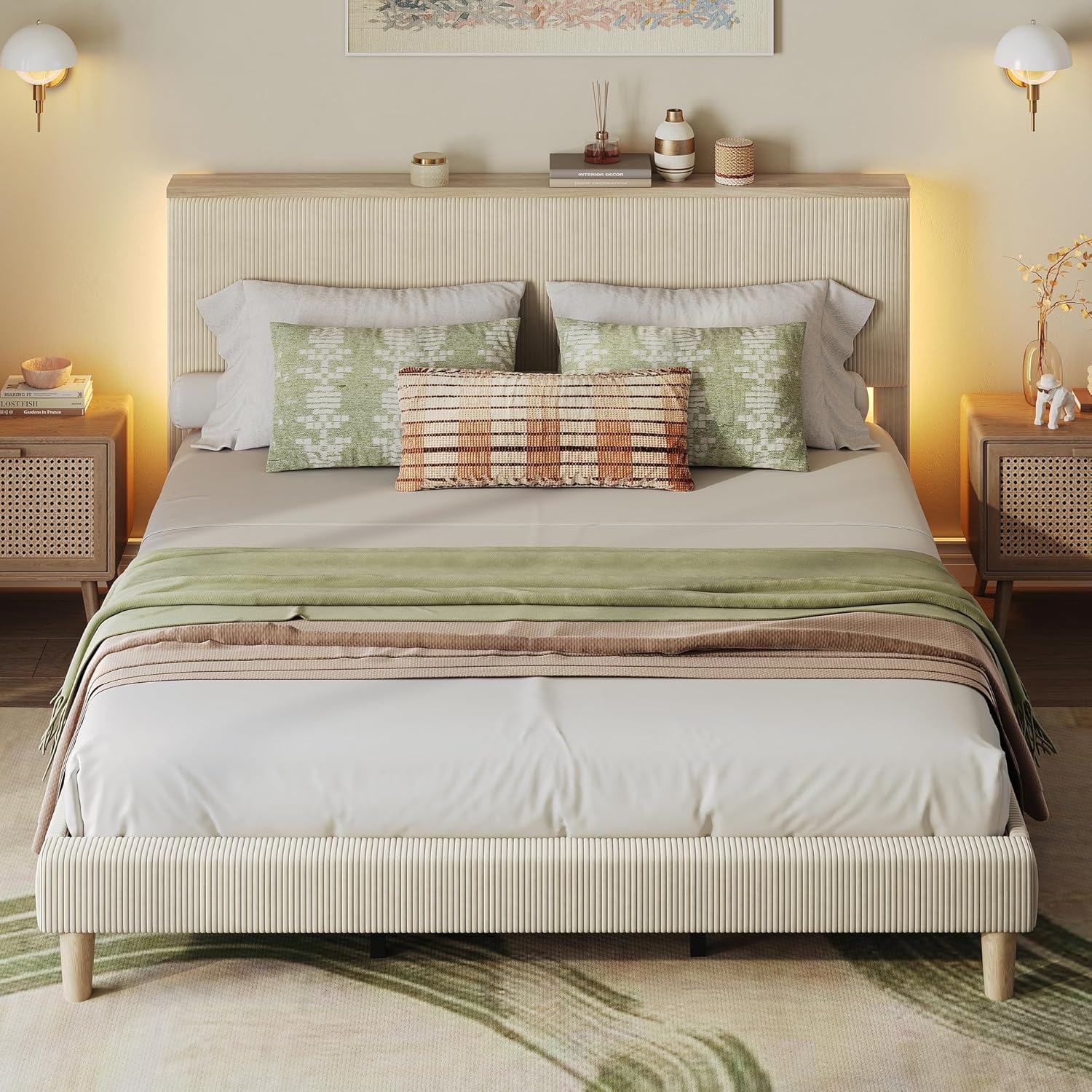 Bestier Queen Corduroy Upholstered Bed Frame with Vertical Channel&Adjustable He...