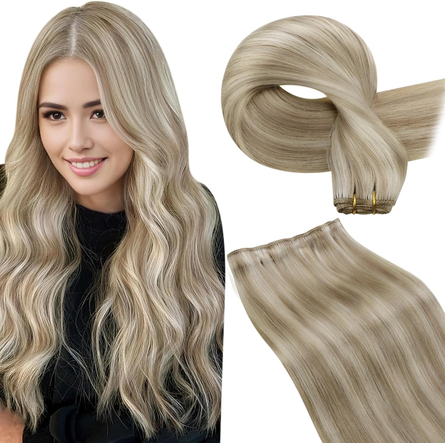 LaaVoo Weft Hair Extensions Real Human Hair 22 Inch 100g Ash Blonde Highlight Pl...