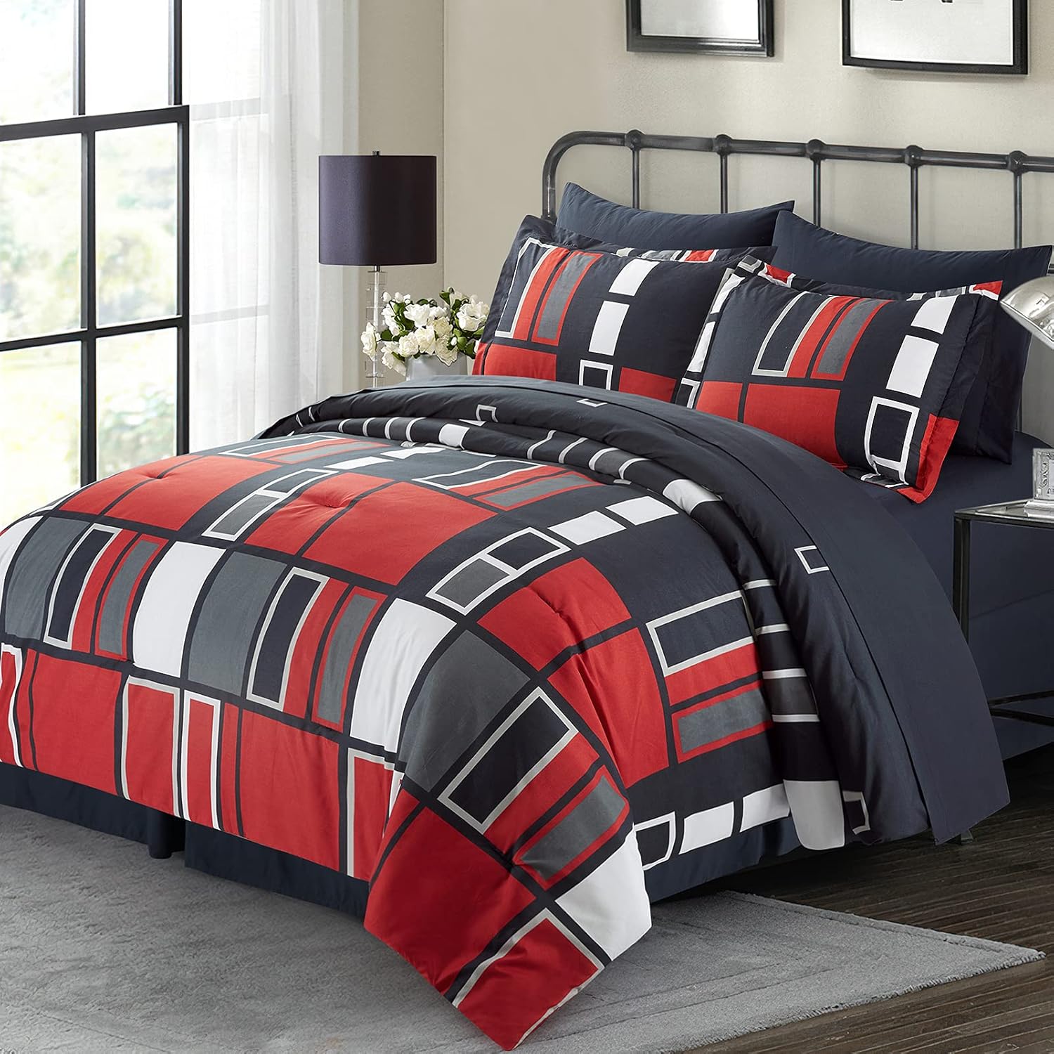 ARTALL Black Gray Red Plaid Pattern Bed in A Bag 6 Piece Bedding Twin Comforter...