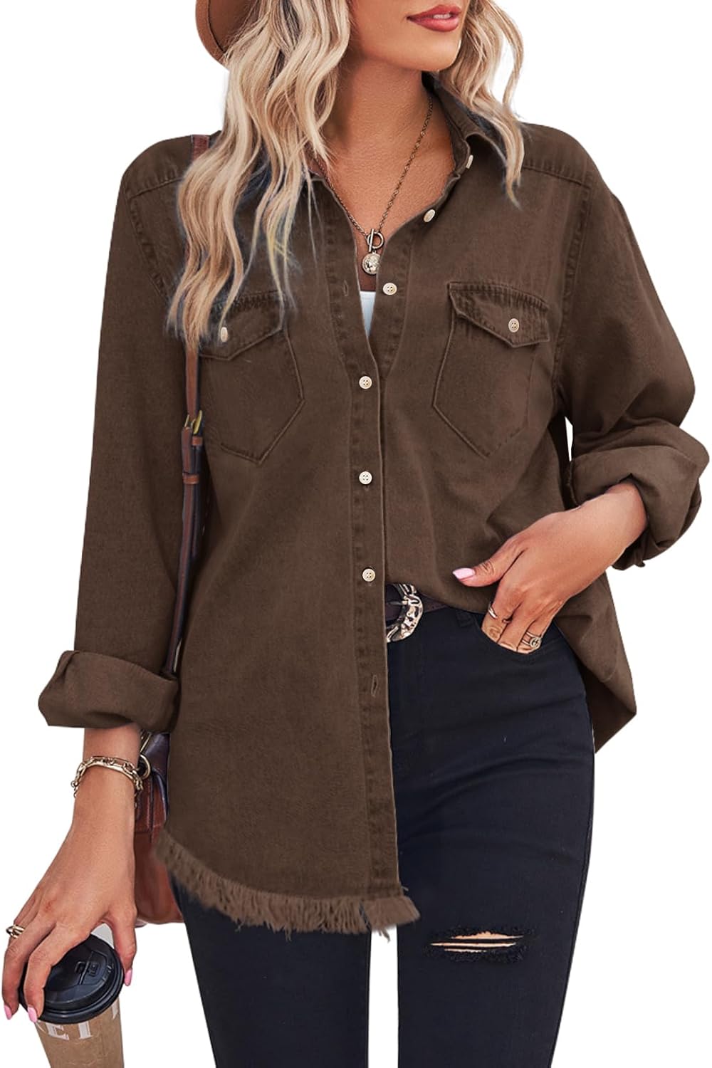 Zilcremo Women Denim Shirt Chambray Collared Jean Shirts Long Sleeve Pocket Butt...