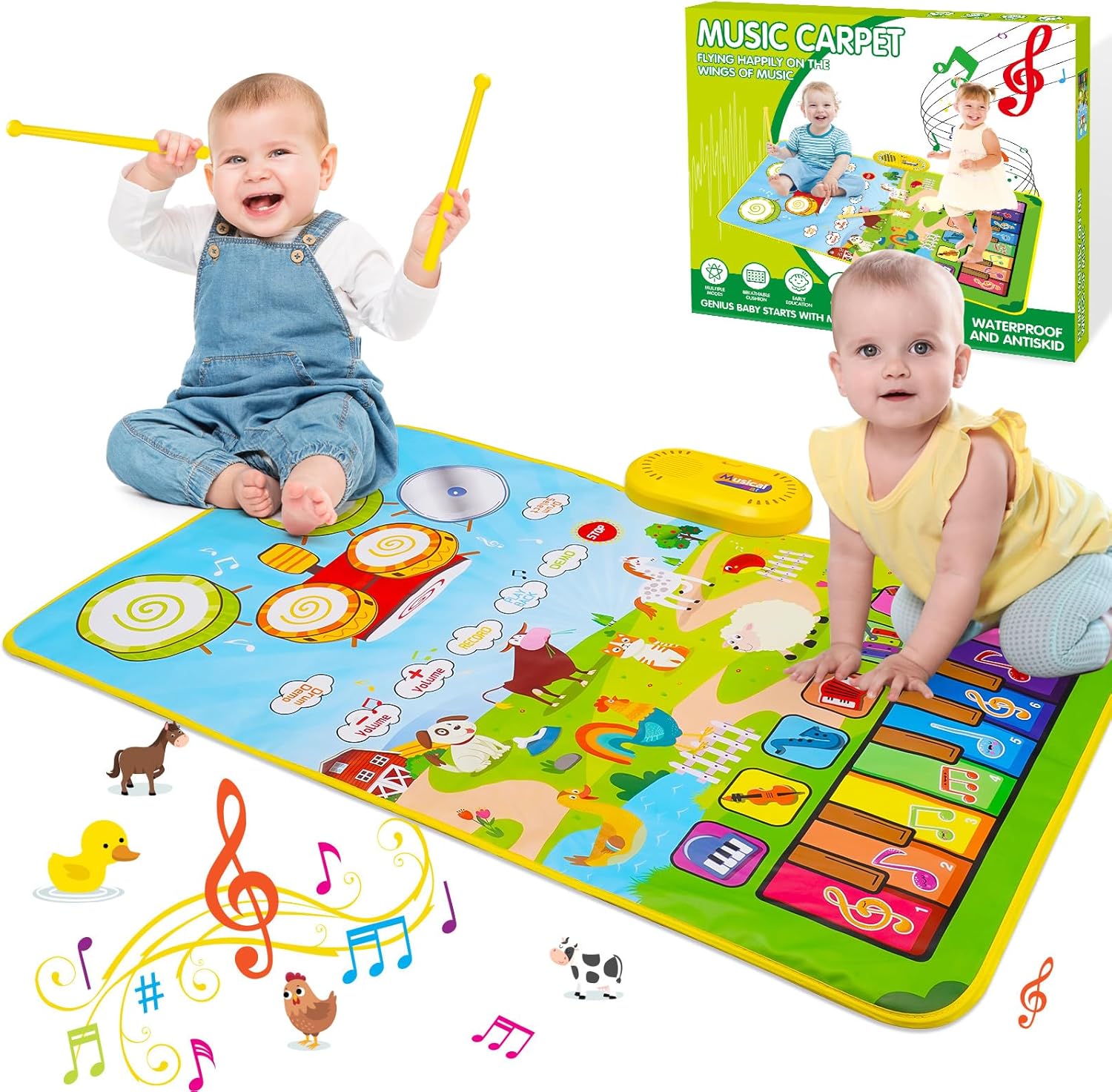 HappyGoLucky Musical Toys for 1 2 Year Old Boys, 3 in 1 Animal Piano Drum Mat wi...