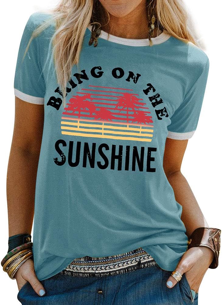 Dresswel Women Bring On The Sunshine T-Shirt Rainbow Graphic Print Short Sleeve...