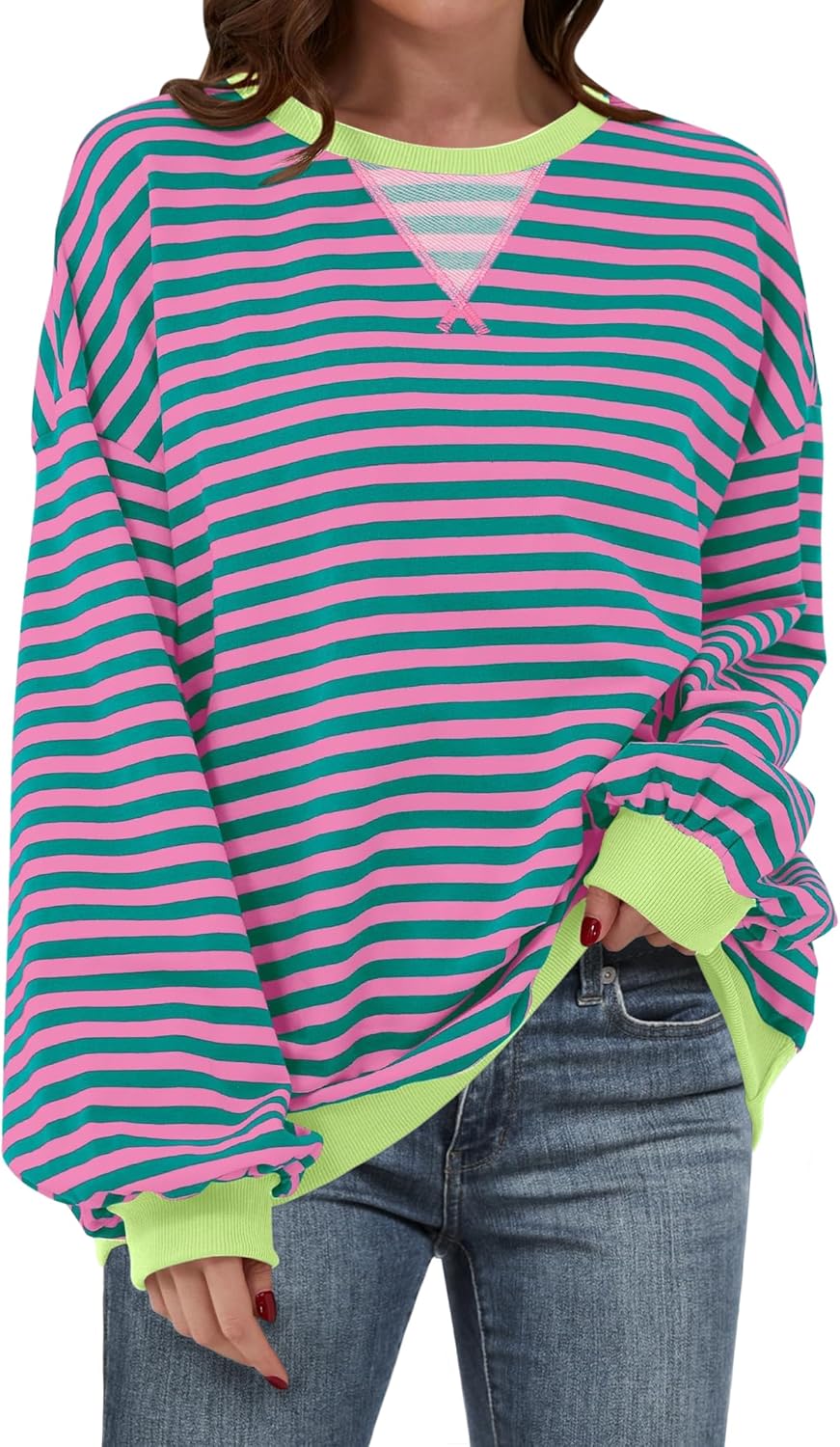 ANRABESS Women Striped Oversized Sweatshirt Long Sleeve Crewneck Shirts 2025 Fal...