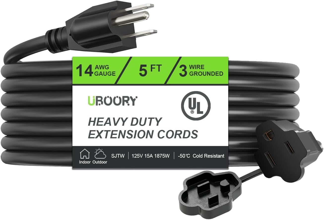 Outdoor Extension Cord Waterproof 5 FT, Black 14/3 SJTW Heavy Duty, Flexible 100...