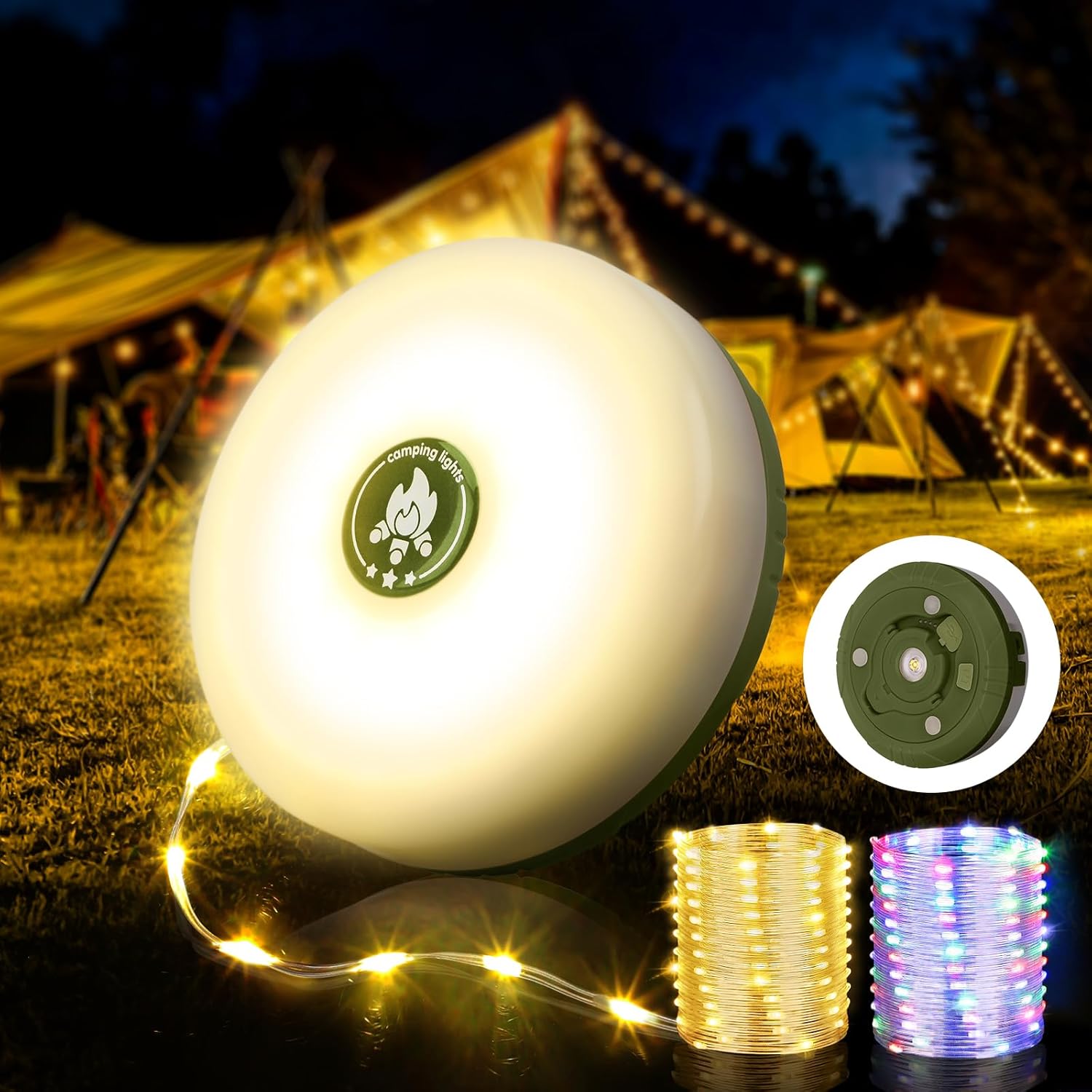 Camping String Lights, 4 in 1 Quick Storage 32.8FT Rechargeable Tent Lights Stri...