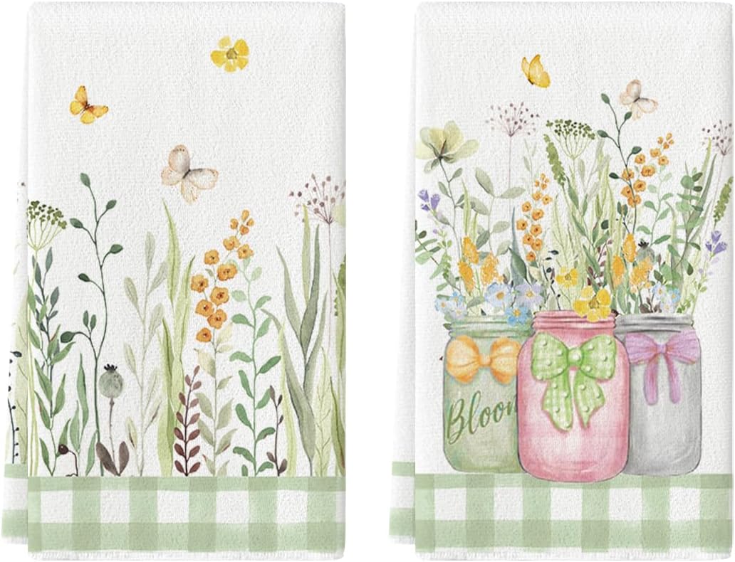 Artoid Mode Buffalo Plaid Wildflower Bloom Vase Spring Kitchen Towels Dish Towel...