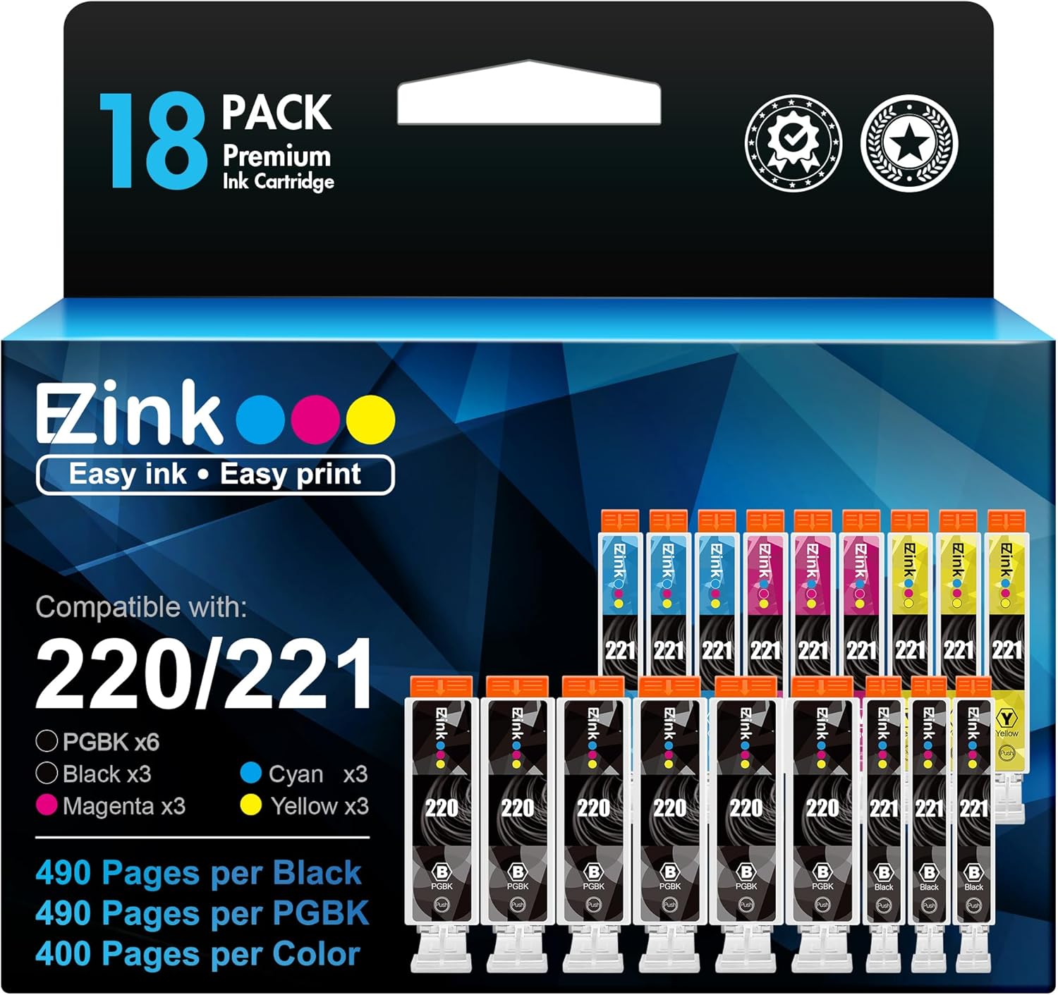 E-Z Ink Compatible Ink Cartridge Replacement for Canon 220 221 PGI-220 CLI-221 I...