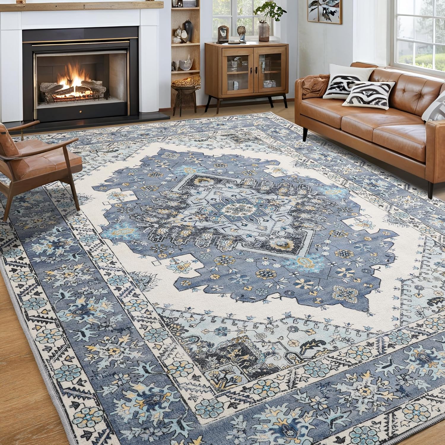 Noahas Blue 8x10 Area Rugs for Living Room, Vintage Machine Washable Rug,Low Pil...