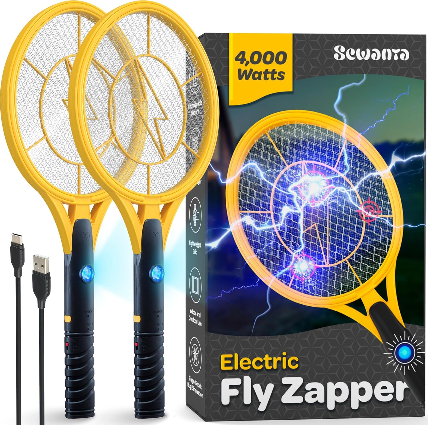 Electric Fly Swatter [Set of 2] Handheld Bug Zapper Racket for Indoor/Outdoor -...