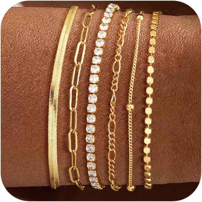 DEARMAY Waterproof Gold Bracelets Set for Women Trendy, Dainty 14K Real Gold Pla...