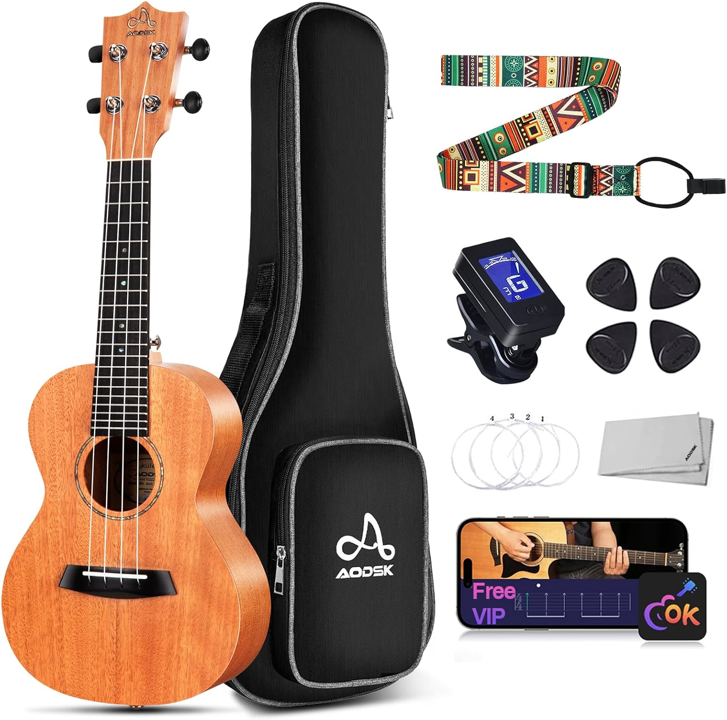 AODSK Concert Ukulele Beginner Solid Mahogany 23 Inch Ukelele Kit with Gig Bag S...