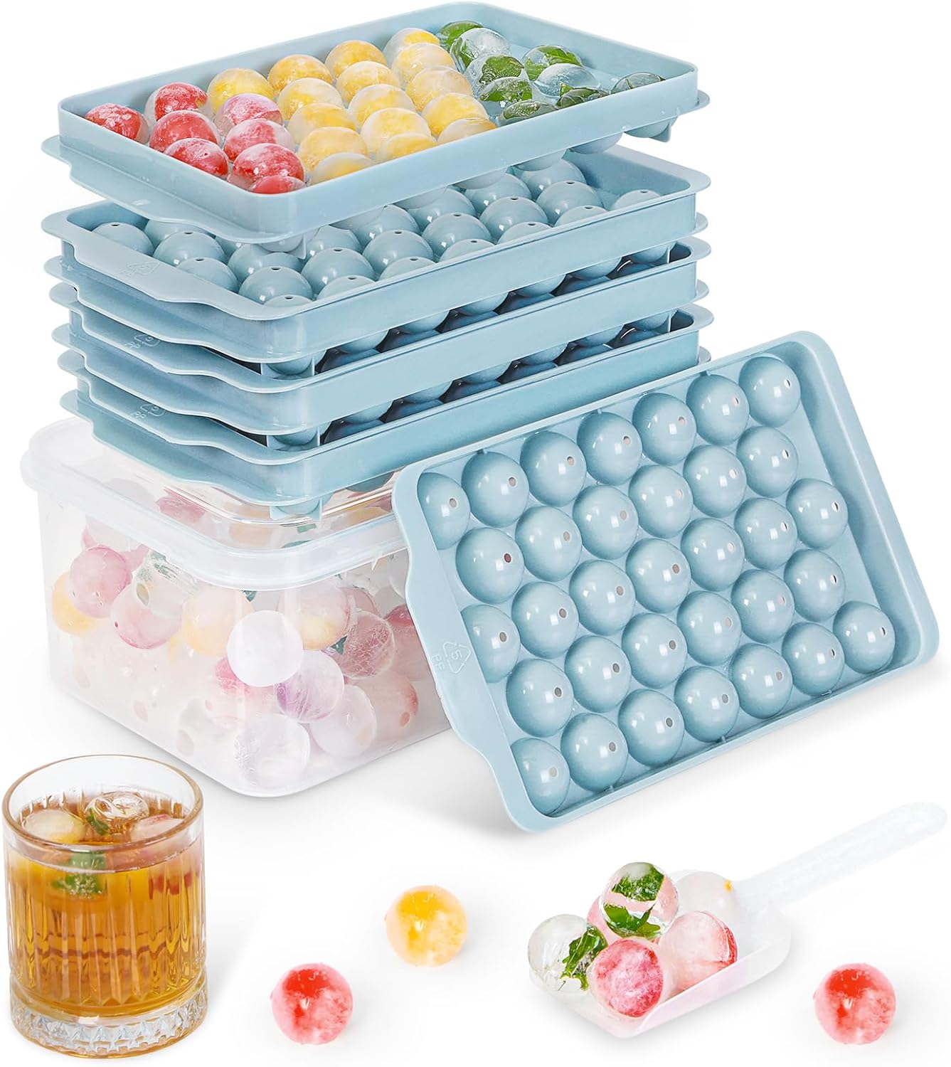 3 Pack Ice Trays for Freezer, 99 PCS Ice Cube Tray with Lid and Bin, Round Ice C...